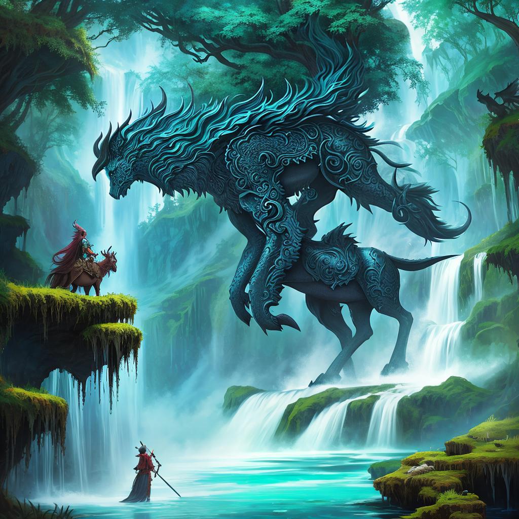  in a fantasy setting, Paint a surreal landscape where mythical beasts roam amidst cascading waterfalls.