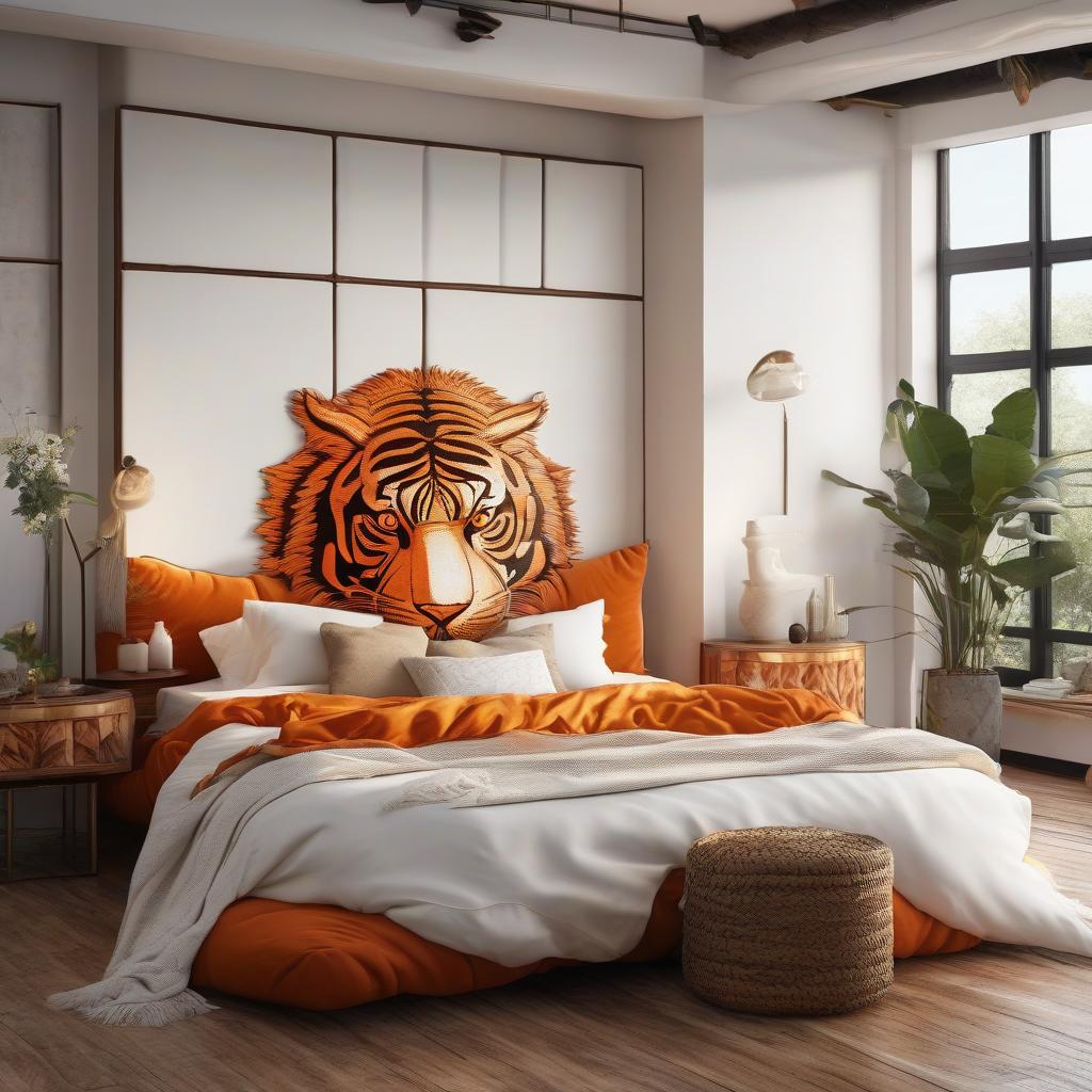  tigercore inspired bed made entirely of a giant tiger, headboard in the style of a tiger’s head, orange+white, fluffy tiger fur, realistic, bright bedroom, floor to ceiling windows, whimsical design, raw style hyperrealistic, full body, detailed clothing, highly detailed, cinematic lighting, stunningly beautiful, intricate, sharp focus, f/1. 8, 85mm, (centered image composition), (professionally color graded), ((bright soft diffused light)), volumetric fog, trending on instagram, trending on tumblr, HDR 4K, 8K