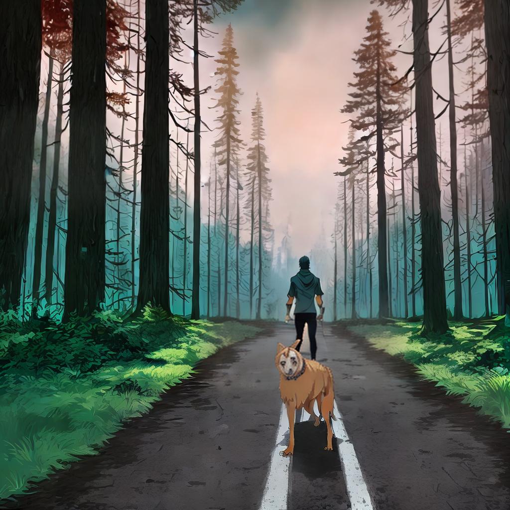  An athletic guy stands with his dog against the background of a forest and a road in the times of the apocalypse in the anime style