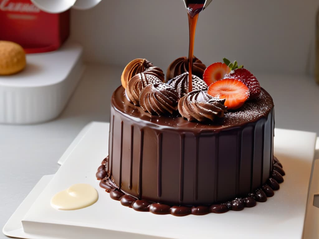  A closeup, ultradetailed photograph of a glossy, decadent chocolate ganache being poured smoothly over a perfectly round chocolate cake. The ganache cascades elegantly down the sides, capturing the reflection of a dimly lit kitchen in its shiny surface. The rich, velvety texture of the chocolate contrasts beautifully with the matte finish of the cake, showcasing the artistry and precision of the dessertmaking process. hyperrealistic, full body, detailed clothing, highly detailed, cinematic lighting, stunningly beautiful, intricate, sharp focus, f/1. 8, 85mm, (centered image composition), (professionally color graded), ((bright soft diffused light)), volumetric fog, trending on instagram, trending on tumblr, HDR 4K, 8K