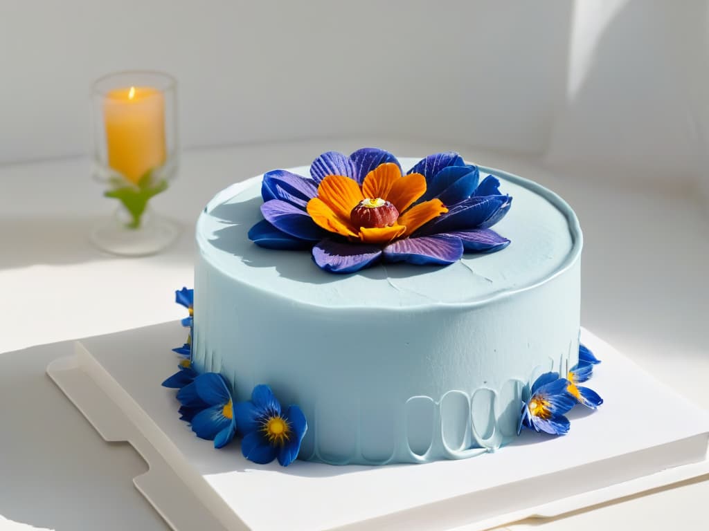  A minimalist, highresolution image of a beautifully decorated vegan and glutenfree cake, showcasing intricate details like edible flowers, delicate icing designs, and vibrant fruit accents. The cake is elegantly displayed on a simple, white ceramic cake stand, emphasizing its artful presentation and tempting appeal to readers seeking visually stunning yet dietaryconscious dessert options. hyperrealistic, full body, detailed clothing, highly detailed, cinematic lighting, stunningly beautiful, intricate, sharp focus, f/1. 8, 85mm, (centered image composition), (professionally color graded), ((bright soft diffused light)), volumetric fog, trending on instagram, trending on tumblr, HDR 4K, 8K