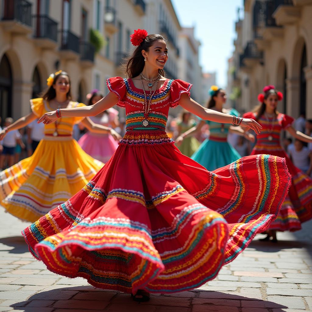  good quality, high quality, hispanic heritage month celebration, colorful traditional dresses, twirling, vibrant cultural energy