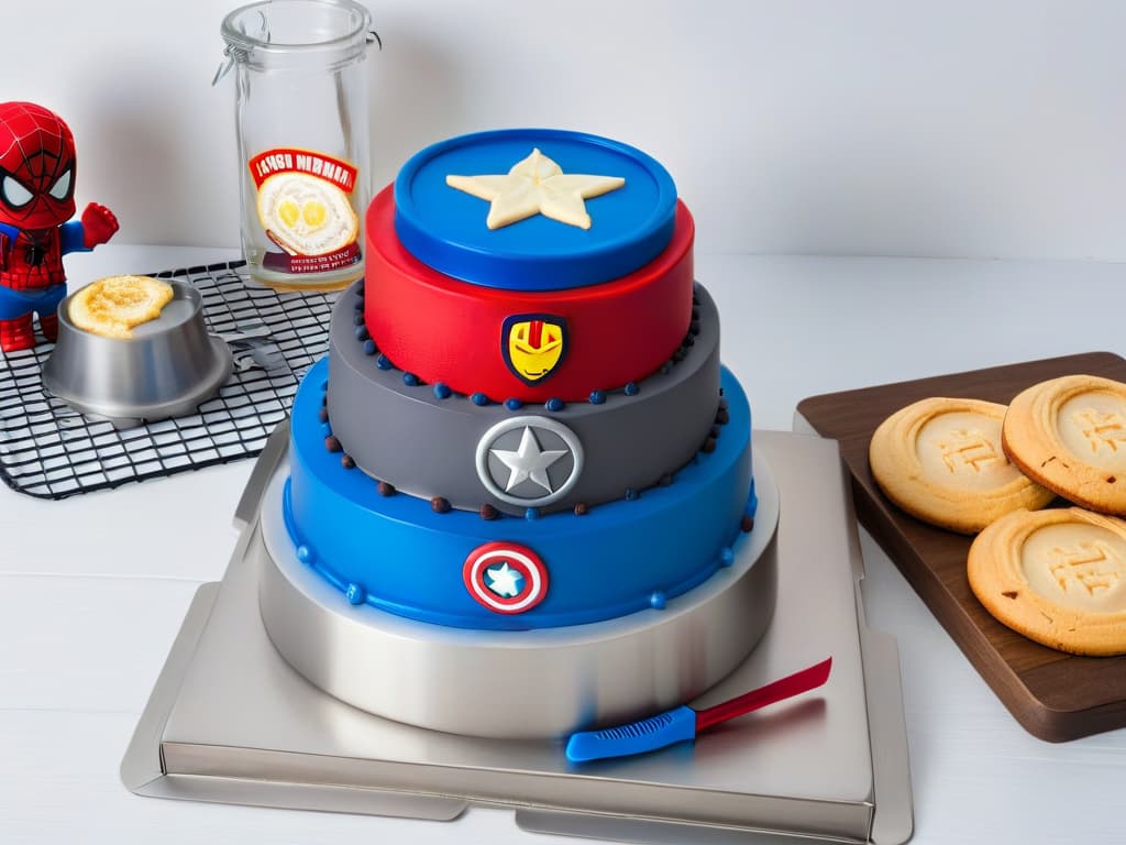  An 8k ultradetailed image of a sleek, minimalistic kitchen countertop showcasing an array of highquality bakeware items inspired by Marvel superheroes. The image features meticulously designed Captain America shield cake pans, Iron Man spatulas, Thor hammer measuring cups, and SpiderMan cookie cutters, all neatly arranged in an organized and visually appealing manner. The metallic finish of the bakeware items gleams subtly under the soft kitchen lighting, creating a sophisticated and aspirational vibe for the readers. hyperrealistic, full body, detailed clothing, highly detailed, cinematic lighting, stunningly beautiful, intricate, sharp focus, f/1. 8, 85mm, (centered image composition), (professionally color graded), ((bright soft diffused light)), volumetric fog, trending on instagram, trending on tumblr, HDR 4K, 8K