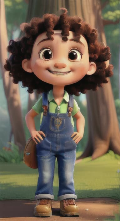  {The tree with a smiling face formed by its bark, looking down at Riley., Riley, a curious with big brown eyes and curly hair, wearing overalls and carrying a small backpack. Their friend, Skye, a bluebird with shiny feathers.