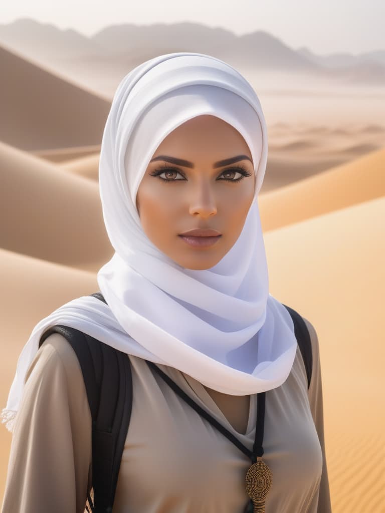  Half body portrait, Man Tourist Trendy Casual Outfit tie a solid white casual Headscarf standing in desert, look at to camera, cinematic lighting, stunningly beautiful, intricate, sharp focus, f/1. 8, 85mm, (professionally color graded), ((bright soft diffused light)), volumetric fog, trending on instagram, trending on tumblr, HDR 4K, 8K hyperrealistic, full body, detailed clothing, highly detailed, cinematic lighting, stunningly beautiful, intricate, sharp focus, f/1. 8, 85mm, (centered image composition), (professionally color graded), ((bright soft diffused light)), volumetric fog, trending on instagram, trending on tumblr, HDR 4K, 8K