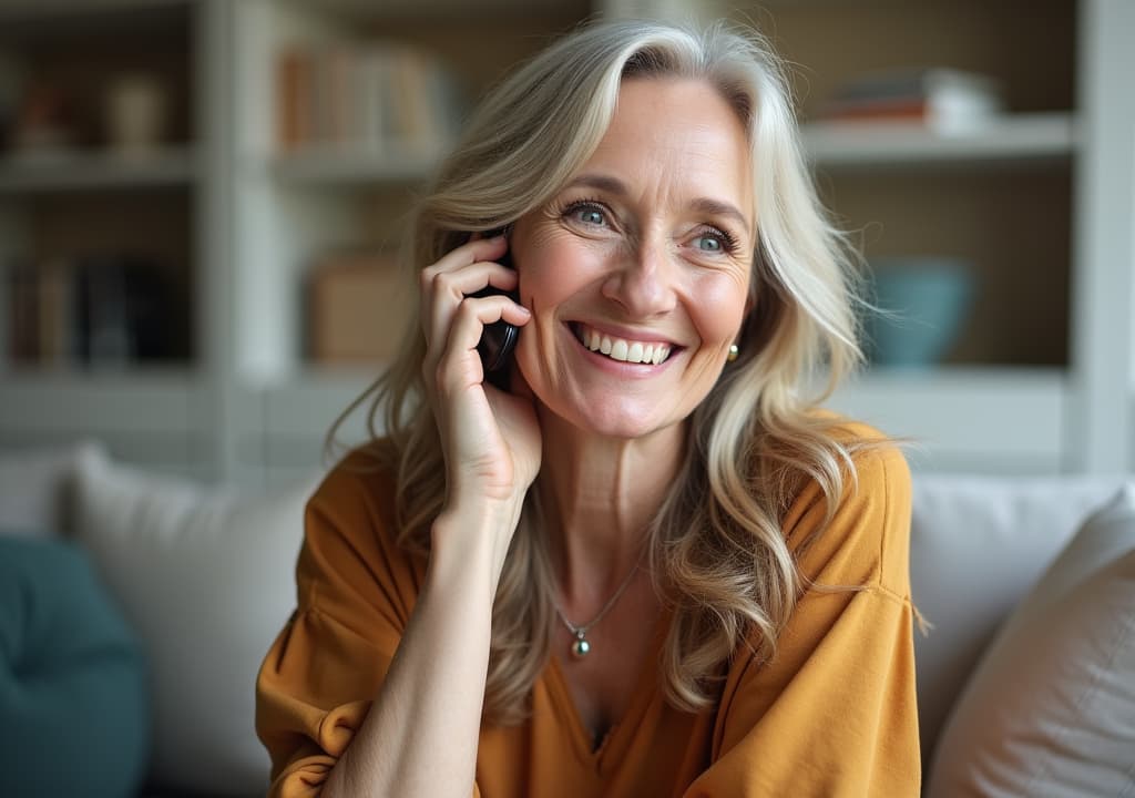  good quality, high quality, joyful senior woman enjoying phone call from the comfort of home