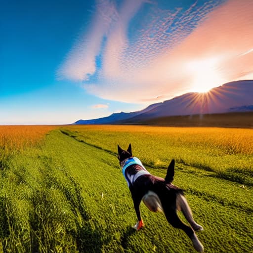  a dog running in a feild with crasing wave in the background