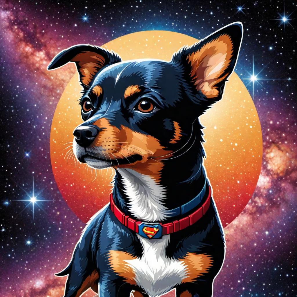  vector art, illustration, Pixel art of anime jalil dog as a superhero, galaxy in the background ,symmetrical portrait, facing directly forward, cozy indoor lighting,detailed, character design by hayao miyazaki