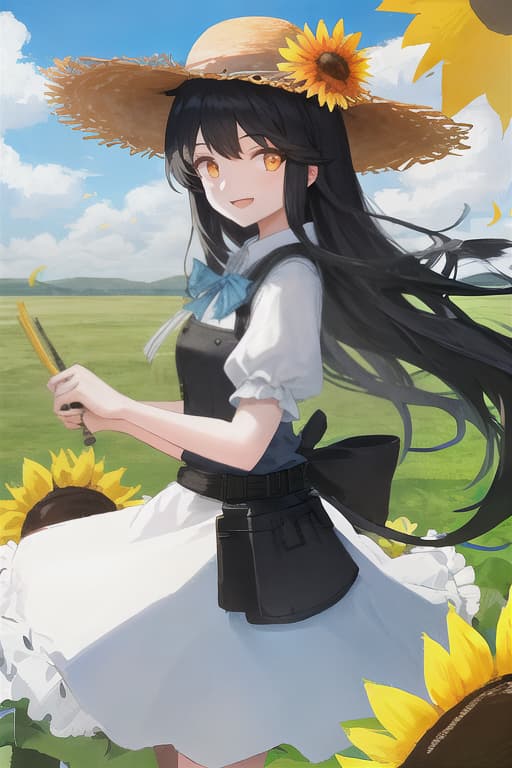  Girl, white dress, black hair, long hair, straw hat, sunflower, smile, wind,