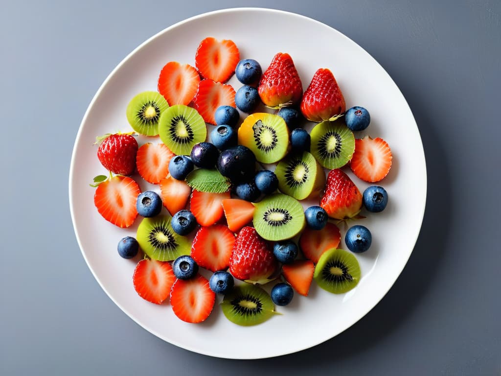  A vibrant, minimalistic image of a colorful array of fresh fruits like strawberries, blueberries, kiwis, and oranges neatly arranged on a sleek white plate. The fruits are sliced artistically to showcase their juicy textures and vibrant colors, exuding freshness and healthiness. The background is a clean, white surface that enhances the visual appeal of the fruits, creating a visually striking and appetizing image that aligns perfectly with the concept of healthy desserts and wellness. hyperrealistic, full body, detailed clothing, highly detailed, cinematic lighting, stunningly beautiful, intricate, sharp focus, f/1. 8, 85mm, (centered image composition), (professionally color graded), ((bright soft diffused light)), volumetric fog, trending on instagram, trending on tumblr, HDR 4K, 8K