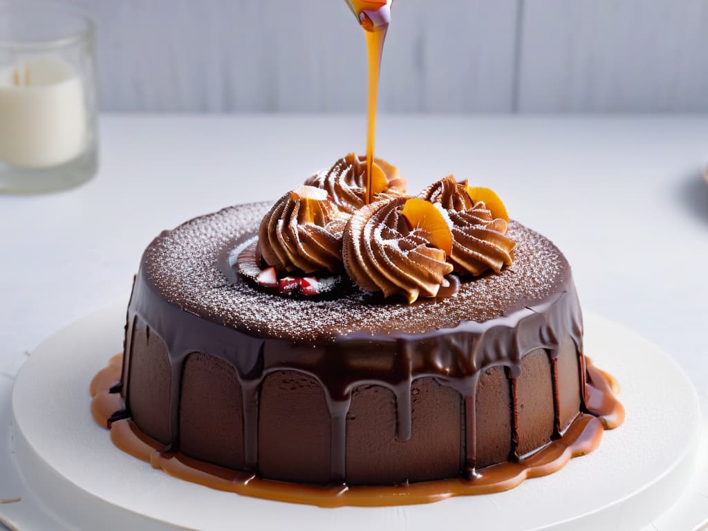  A highresolution, ultradetailed image of a decadent chocolate lava cake being delicately drizzled with glossy caramel sauce, against a stark white backdrop. The cake is perfectly moist, emitting wisps of steam, with the caramel cascading down its sides in a mesmerizing pattern. The focus is on the intricate textures, the rich colors, and the alluring shine of the dessert, creating a visually striking and mouthwatering minimalistic composition. hyperrealistic, full body, detailed clothing, highly detailed, cinematic lighting, stunningly beautiful, intricate, sharp focus, f/1. 8, 85mm, (centered image composition), (professionally color graded), ((bright soft diffused light)), volumetric fog, trending on instagram, trending on tumblr, HDR 4K, 8K