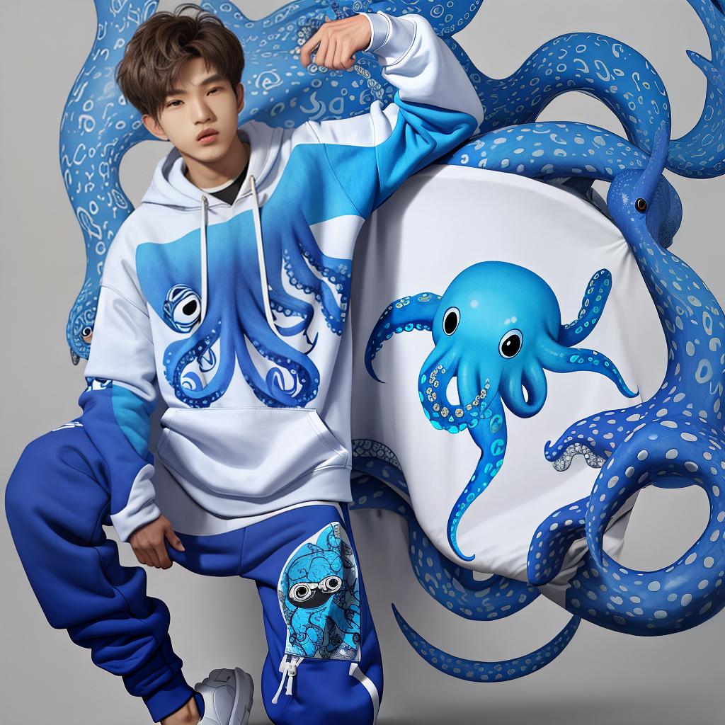  masterpiece, best quality,Graffiti blue octopus printed on hoodie and pants ,