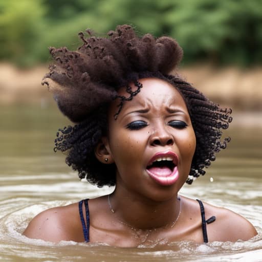  african woman's head with short and curly hair sinking in the river she's screaming and panic