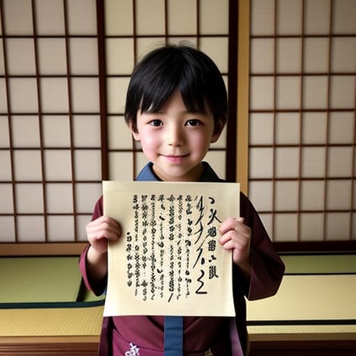  A Japanese kid holding a scroll that’s opened