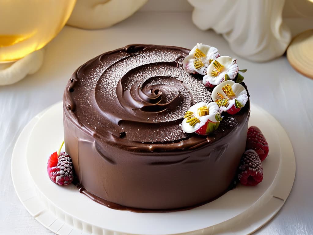  An ultradetailed closeup image of a perfectly frosted, decadent chocolate cake adorned with delicate edible gold leaf, fresh raspberries, and mint leaves. The frosting is smooth and glossy, with intricate swirls and peaks, showcasing the artistry and precision of a skilled pastry chef. The rich colors and textures of the cake stand out against a soft, blurred background, emphasizing the luxurious and indulgent nature of the dessert. hyperrealistic, full body, detailed clothing, highly detailed, cinematic lighting, stunningly beautiful, intricate, sharp focus, f/1. 8, 85mm, (centered image composition), (professionally color graded), ((bright soft diffused light)), volumetric fog, trending on instagram, trending on tumblr, HDR 4K, 8K