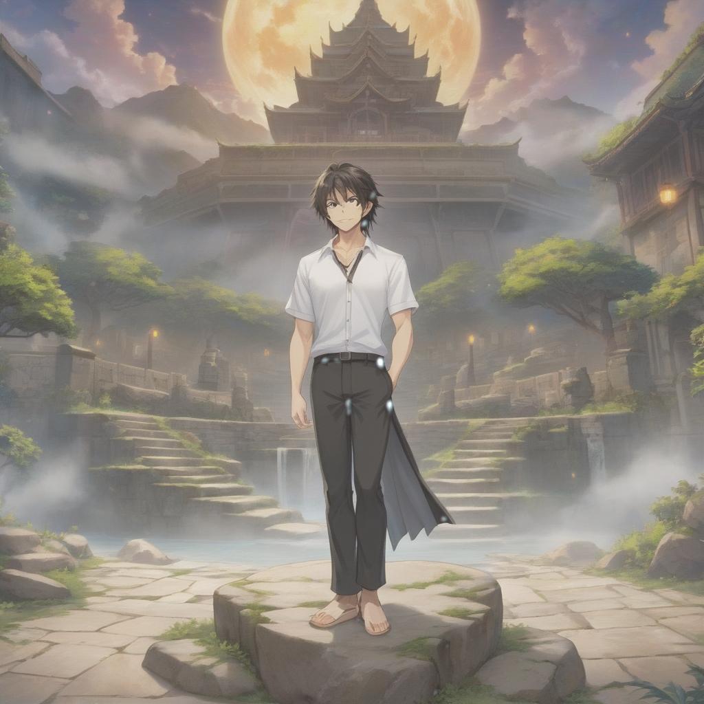  anime artwork A young man with long hair down to his shoulders, wearing a white shirt and black pants, smiles deceitfully, standing on a stone floor, against a backdrop of a fantasy world. . anime style, key visual, vibrant, studio anime, highly detailed hyperrealistic, full body, detailed clothing, highly detailed, cinematic lighting, stunningly beautiful, intricate, sharp focus, f/1. 8, 85mm, (centered image composition), (professionally color graded), ((bright soft diffused light)), volumetric fog, trending on instagram, trending on tumblr, HDR 4K, 8K