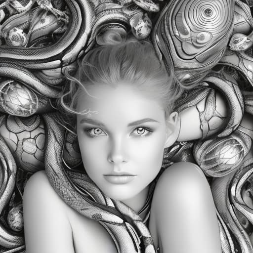 portrait+ style A beautiful young woman lying down amongst lots of robotic alien snakes in the style of bruce weber and arthur rackham , absolute reality v1.6, perfect symmetry, photo realistic raw, stable diffusion, fine lines,outline drawing for colouring in book