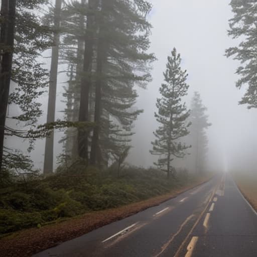  A man walks along a road in a forest in fog view from the back