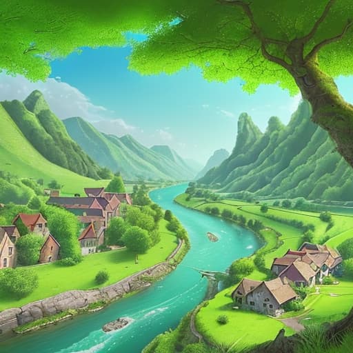  fantasy colourfully landscape of a green valley with river, trees and charming villages.