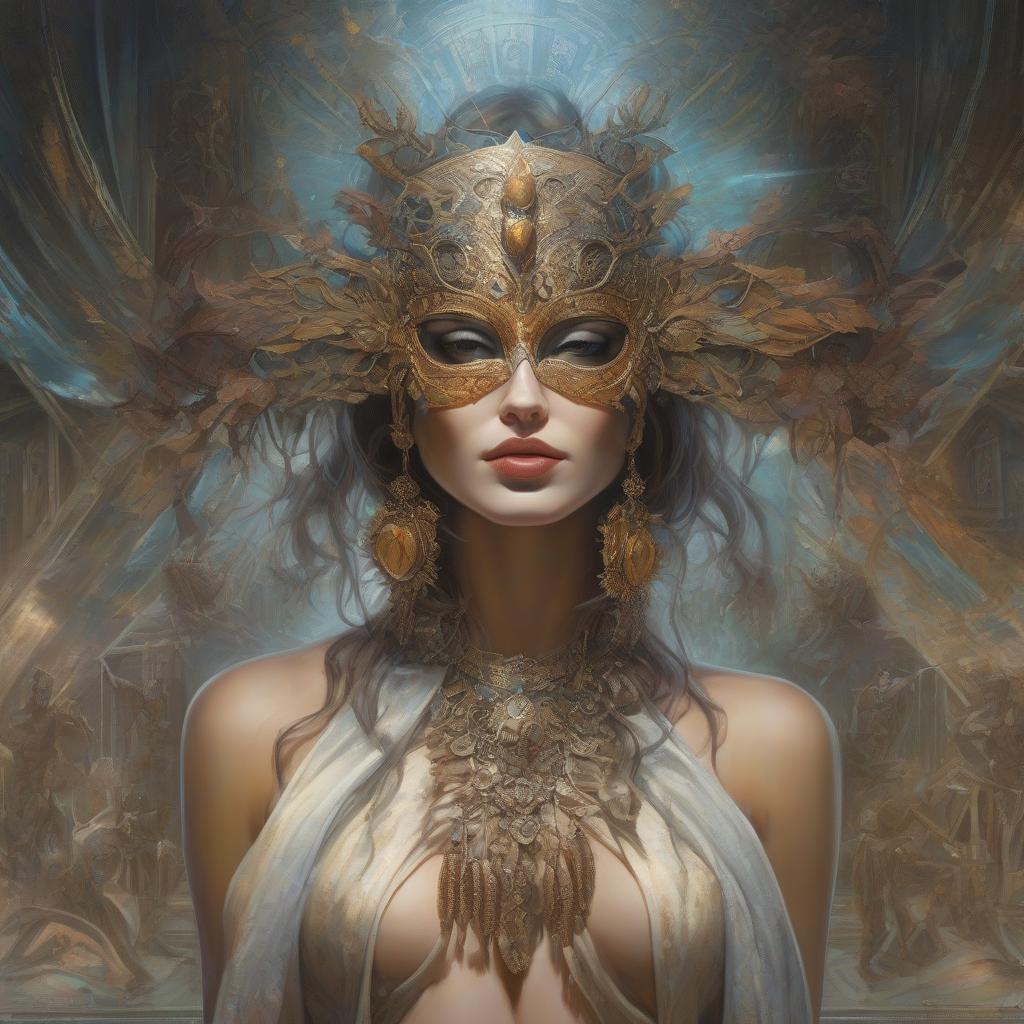  Hyper realistic digital painting of a beautiful girl wearing a mask, highly detailed eyes, messy shoulder length hair, in a surreal and fantasy setting, combining the artistic styles of Jose Royo, Boris Vallejo, Julie Bell, Carne Griffiths and Brian Froud, precise anatomy, with centered symmetrical composition, volumetric lighting, rays, bright color reflections hyperrealistic, full body, detailed clothing, highly detailed, cinematic lighting, stunningly beautiful, intricate, sharp focus, f/1. 8, 85mm, (centered image composition), (professionally color graded), ((bright soft diffused light)), volumetric fog, trending on instagram, trending on tumblr, HDR 4K, 8K