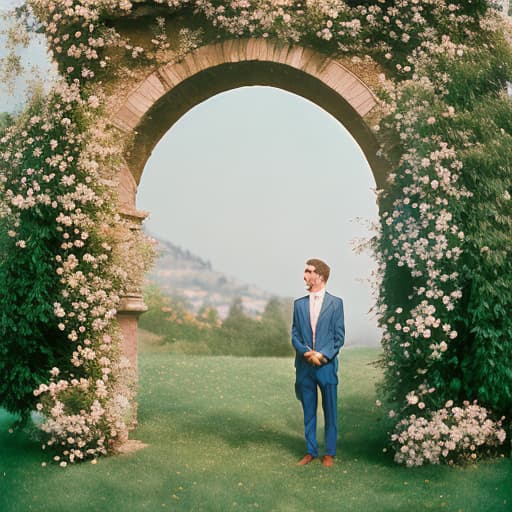 analog style arco di fiori bianchi per matrimonio,con sfondo di maioliche blu e composizione floreale di limoni, ceste di limoni in basso ai lati dell'arco