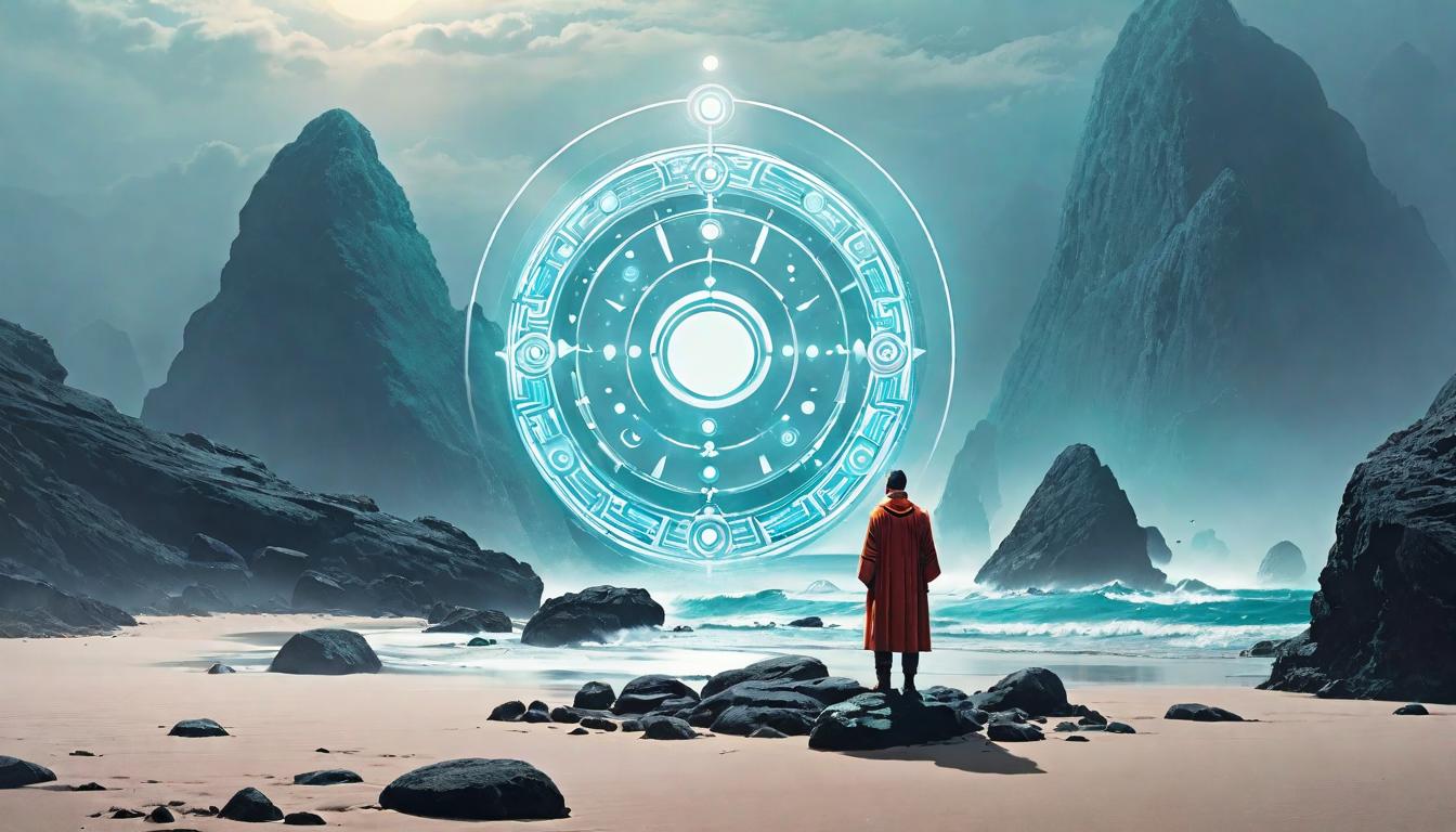  retro futuristic A circle of stones on a misty beach, each inscribed with ancient symbols, a figure contemplating the center. Searching for answers, ancient wisdom, the allure of guidance. lvintage sci fi, 50s and 60s style, atomic age, vibrant, highly detailed