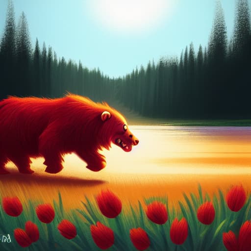  a bear is running through the field, forest, moolight, dangerous