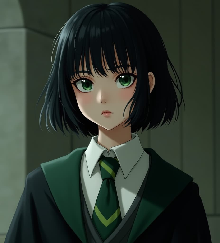  good quality, high quality, a female, slytherin student with short black hair, pale skin, and piercing green eyes. her robes are black, with a white collared shirt underneath and a green neck tie.