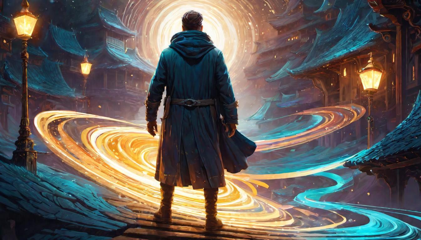  digital illustration, A figure navigating a swirling, glowing pathway, clarity in eyes, surreal atmosphere, guiding light, looking at viewer, dynamic pose, (intricate details, masterpiece, best quality)