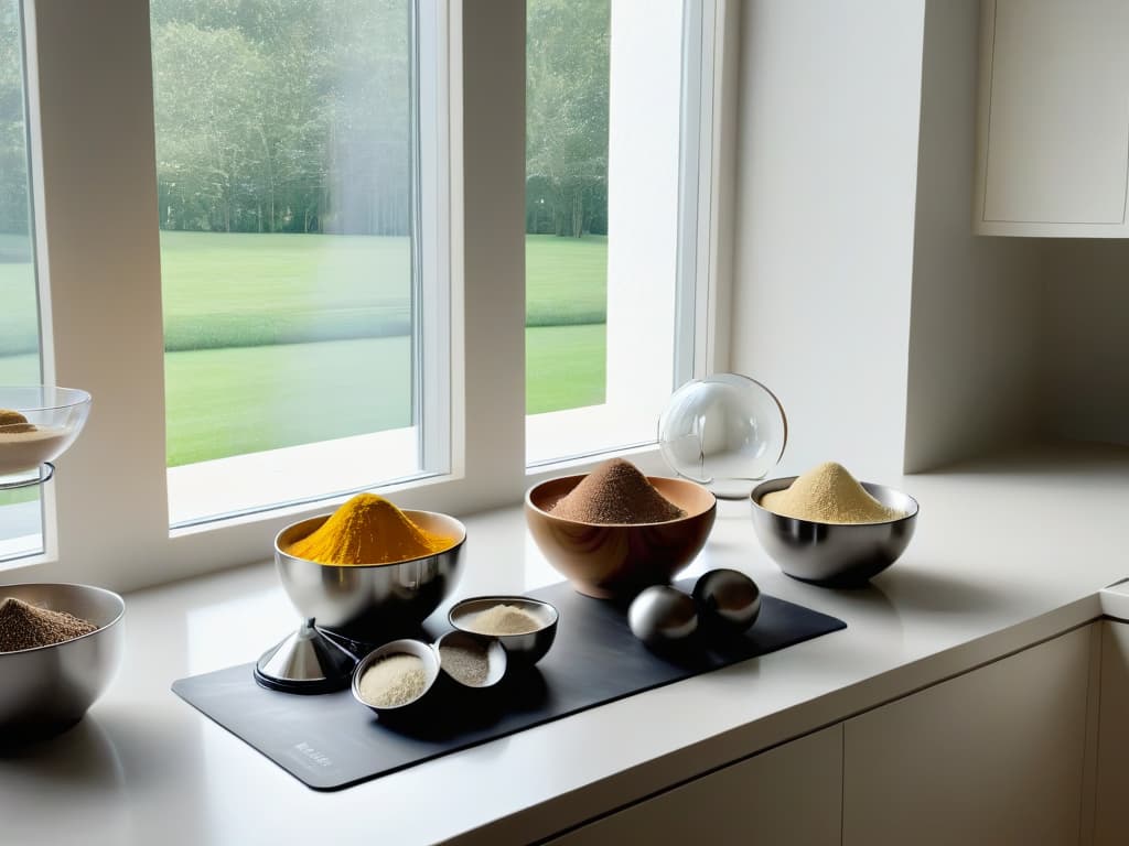  An 8k ultradetailed image of a sleek, minimalistic kitchen counter showcasing a variety of perfectly sifted flours in different bowls, with a set of stainless steel sifters neatly arranged beside them. The soft natural light pouring in from a nearby window highlights the texture of the flours, creating a visually striking and serene scene that embodies precision and care in baking practices. hyperrealistic, full body, detailed clothing, highly detailed, cinematic lighting, stunningly beautiful, intricate, sharp focus, f/1. 8, 85mm, (centered image composition), (professionally color graded), ((bright soft diffused light)), volumetric fog, trending on instagram, trending on tumblr, HDR 4K, 8K