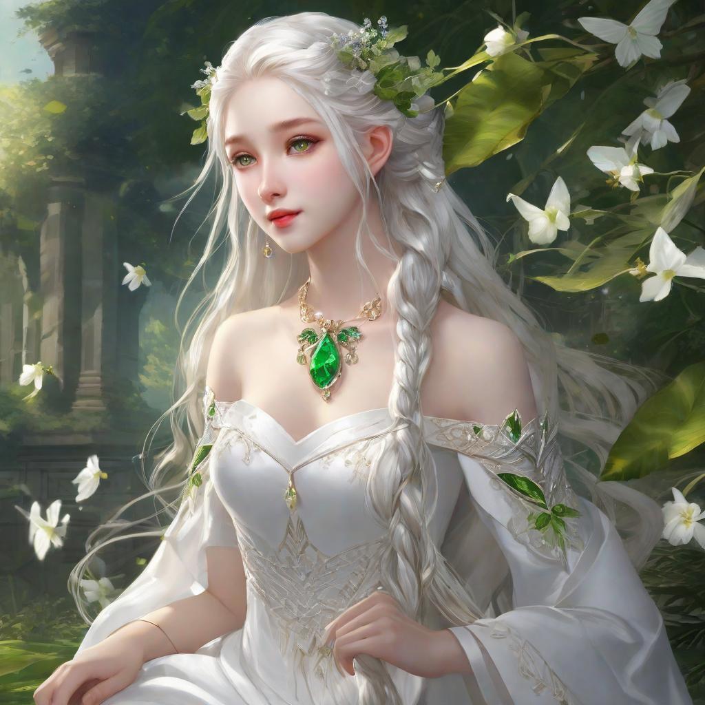 masterpiece, best quality, (masterpiece, best quality, high quality, super detail), realism, 1 sweet girl, bigger,(side braid:1.1), long hair,((white hair)), leaf hair accessory, elf, green eyes, pale skin, bare shoulders, jewelry, white dress,(separated sleeves:1.1), bracelet,(away from sight:1.2),(hair floating:1.3), from the side,(in forest:1.3),(lens flare from right:1.2)