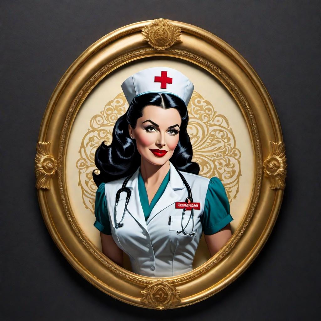  Create an image that combines the elements of the two provided images: the stylized text "Nurse Bettie" in a script-like font set against a dark background and the silhouetted figure of a woman posed within a decorative, oval-shaped golden frame. The resulting image should have a vintage or retro aesthetic, reminiscent of mid-20th century art styles. hyperrealistic, full body, detailed clothing, highly detailed, cinematic lighting, stunningly beautiful, intricate, sharp focus, f/1. 8, 85mm, (centered image composition), (professionally color graded), ((bright soft diffused light)), volumetric fog, trending on instagram, trending on tumblr, HDR 4K, 8K