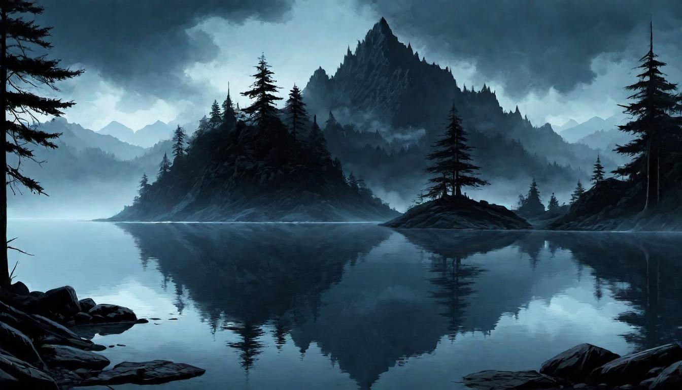  （surrealism)A serene environment, disrupted by a dark presence, the air thick with a foreboding aura, gentle ripples on a calm lake turning turbulent, sky darkens, tranquillity shattered, foreboding, unsettling mystic, intricate details, best quality)