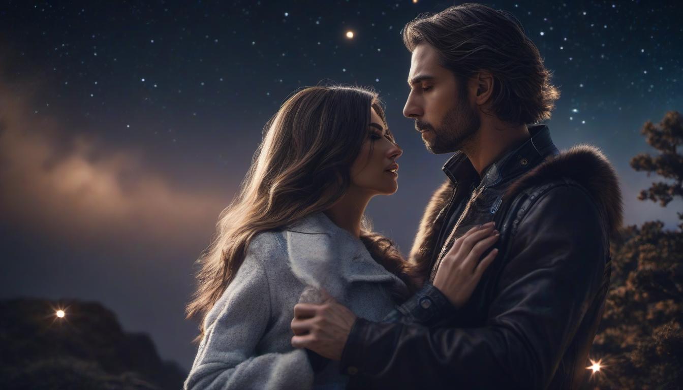  A man strokes a girl's face against the backdrop of a night sky with stars. hyperrealistic, full body, detailed clothing, highly detailed, cinematic lighting, stunningly beautiful, intricate, sharp focus, f/1. 8, 85mm, (centered image composition), (professionally color graded), ((bright soft diffused light)), volumetric fog, trending on instagram, trending on tumblr, HDR 4K, 8K