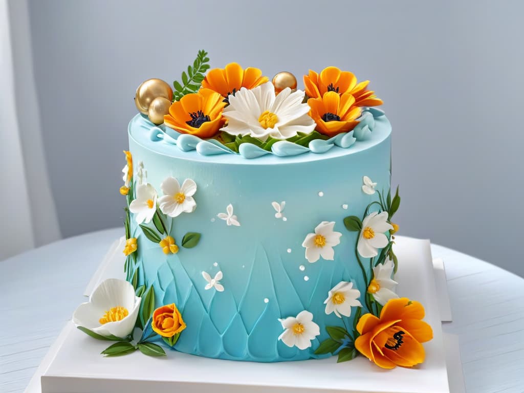  An intricately designed cake showcasing a fusion of cultural elements, with layers representing different culinary traditions intertwined harmoniously. The cake is decorated with delicate sugar flowers and patterns inspired by diverse cultures, symbolizing the unity and innovation of fusion pastry. The background is a simple, elegant white to emphasize the beauty and complexity of the confection. hyperrealistic, full body, detailed clothing, highly detailed, cinematic lighting, stunningly beautiful, intricate, sharp focus, f/1. 8, 85mm, (centered image composition), (professionally color graded), ((bright soft diffused light)), volumetric fog, trending on instagram, trending on tumblr, HDR 4K, 8K