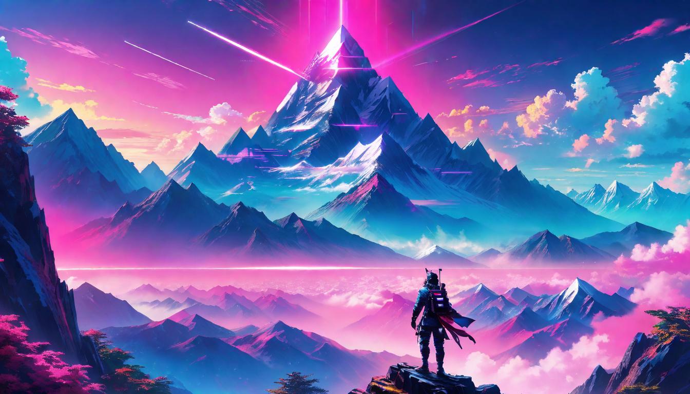  vaporwave,cyberpunk game style Mountain peak reaching into the sky, pinnacle of ambition, lone climber ascending, vastness around, admiration in the ascent, daunting task ahead, symbol of high standards, solo journey, magnitude of challenge, ascent amidst daunting beautyeon, dystopian, futuristic, digital, vibrant, detailed, high contrast, reminiscent of cyberpunk genre video games,retro aesthetic, cyberpunk, vibrant, neon colors, vintage 80s and 90s style, highly detailed