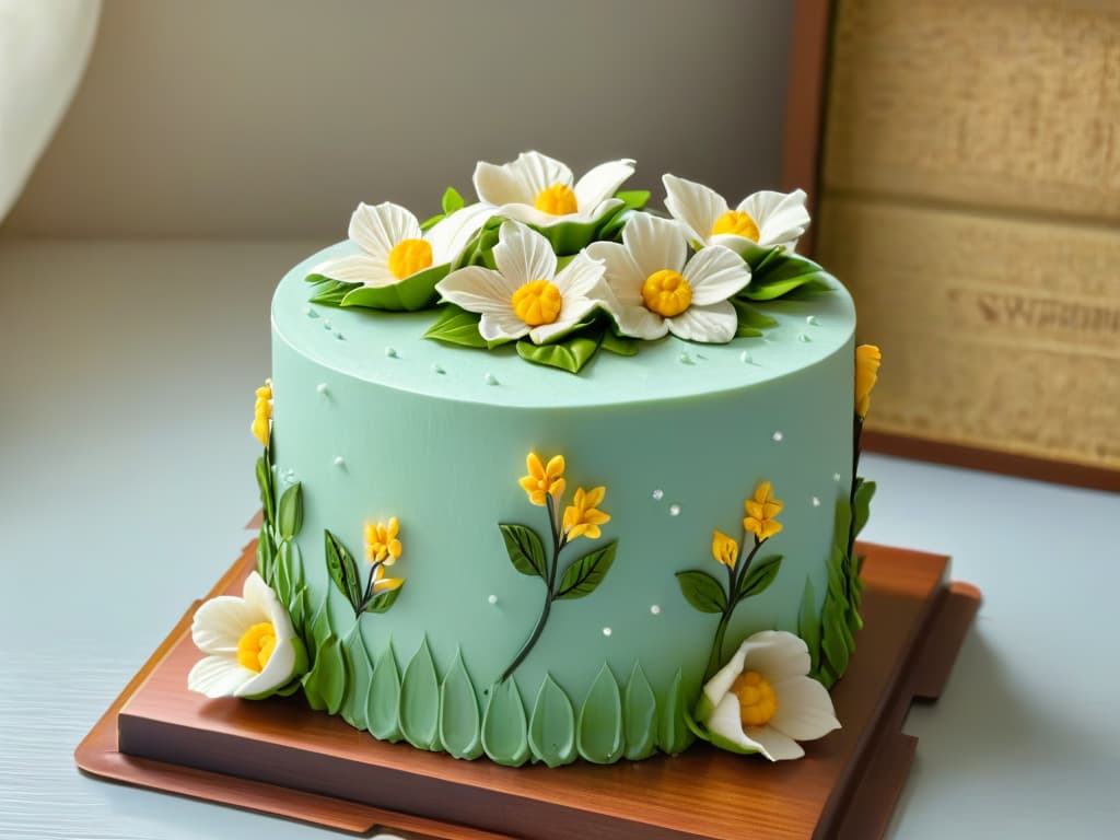  A photorealistic image of a stunning threetiered glutenfree cake adorned with intricate fondant designs of delicate flowers and foliage, set against a softfocus background that highlights the intricate details of the decoration. The cake is elegantly displayed on a rustic wooden table, with soft natural lighting that enhances the vibrant colors of the edible blooms and intricate piping work. hyperrealistic, full body, detailed clothing, highly detailed, cinematic lighting, stunningly beautiful, intricate, sharp focus, f/1. 8, 85mm, (centered image composition), (professionally color graded), ((bright soft diffused light)), volumetric fog, trending on instagram, trending on tumblr, HDR 4K, 8K