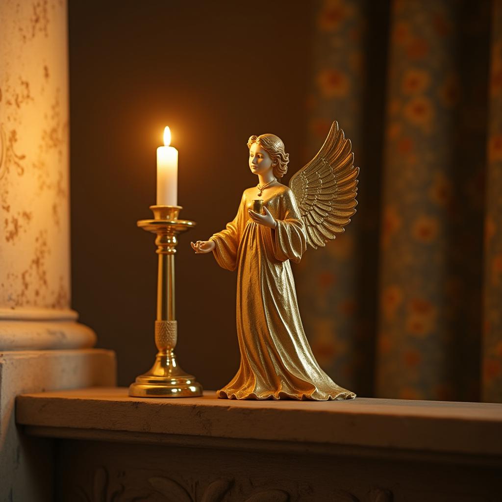  good quality, high quality, a golden angel holding a candle, standing on a mantel with warm natural lighting. focus on the angelas detailed features. no people