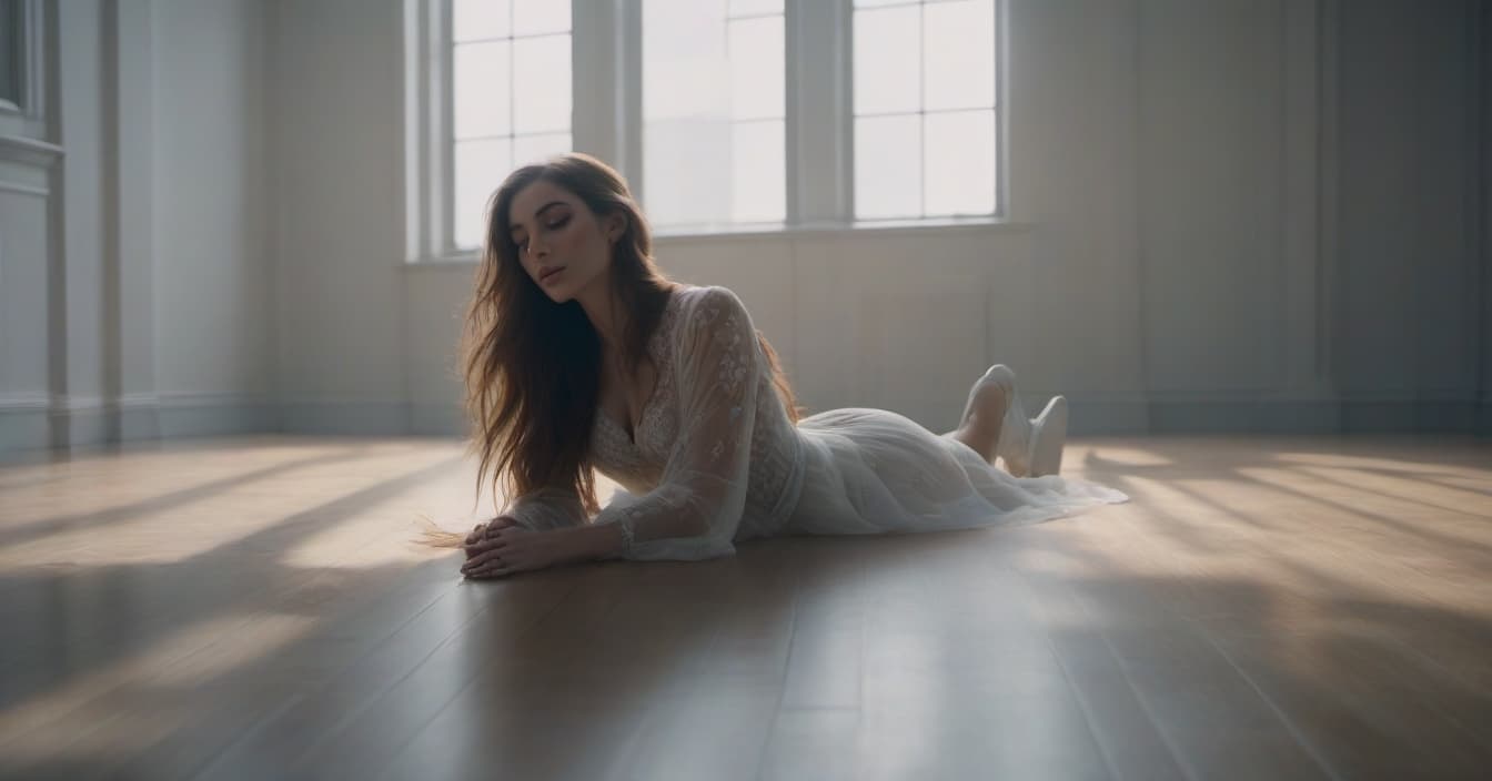  View from above. A long haired girl lies on her back on the floor of an empty room. hyperrealistic, full body, detailed clothing, highly detailed, cinematic lighting, stunningly beautiful, intricate, sharp focus, f/1. 8, 85mm, (centered image composition), (professionally color graded), ((bright soft diffused light)), volumetric fog, trending on instagram, trending on tumblr, HDR 4K, 8K