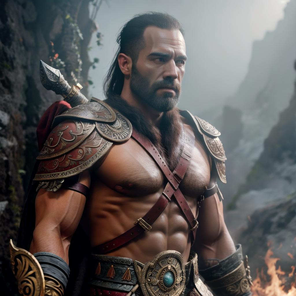  God of war hyperrealistic, full body, detailed clothing, highly detailed, cinematic lighting, stunningly beautiful, intricate, sharp focus, f/1. 8, 85mm, (centered image composition), (professionally color graded), ((bright soft diffused light)), volumetric fog, trending on instagram, trending on tumblr, HDR 4K, 8K