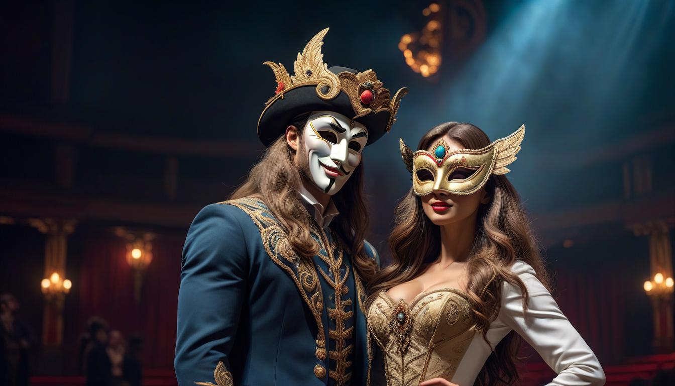  A man and a long haired girl in carnival masks on a stage in a theater full size. hyperrealistic, full body, detailed clothing, highly detailed, cinematic lighting, stunningly beautiful, intricate, sharp focus, f/1. 8, 85mm, (centered image composition), (professionally color graded), ((bright soft diffused light)), volumetric fog, trending on instagram, trending on tumblr, HDR 4K, 8K