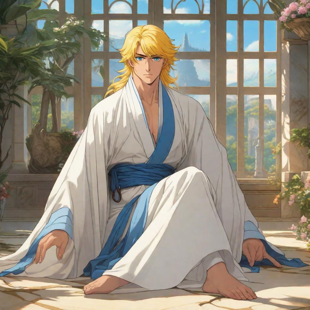  A young man with yellow hair and blue eyes, wearing a white abaya, placing his hand on the ground., anime concept art by Hayao Miyazaki, featured on pixiv, fantasy art, concept art, official art, high detailed hyperrealistic, full body, detailed clothing, highly detailed, cinematic lighting, stunningly beautiful, intricate, sharp focus, f/1. 8, 85mm, (centered image composition), (professionally color graded), ((bright soft diffused light)), volumetric fog, trending on instagram, trending on tumblr, HDR 4K, 8K