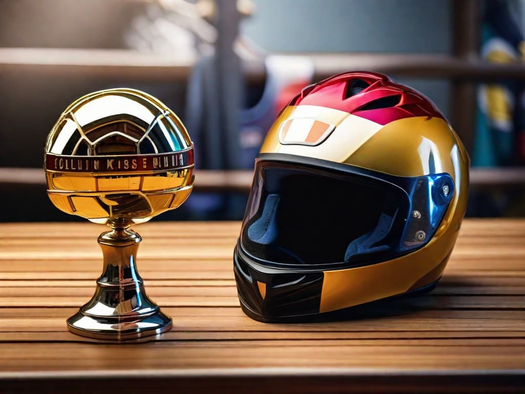  A close-up shot of a shiny gold trophy on a wooden table, surrounded by colorful cycling jerseys and a helmet. digital art, ilustration hyperrealistic, full body, detailed clothing, highly detailed, cinematic lighting, stunningly beautiful, intricate, sharp focus, f/1. 8, 85mm, (centered image composition), (professionally color graded), ((bright soft diffused light)), volumetric fog, trending on instagram, trending on tumblr, HDR 4K, 8K