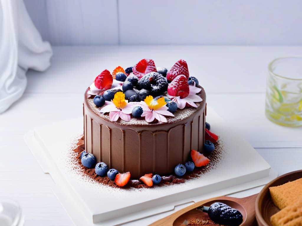  A highresolution photograph of a beautifully decorated vegan chocolate cake topped with fresh berries, edible flowers, and a dusting of cocoa powder. The cake sits on a sleek white plate, set against a simple, elegant backdrop to highlight the vibrant colors and intricate details of the dessert. hyperrealistic, full body, detailed clothing, highly detailed, cinematic lighting, stunningly beautiful, intricate, sharp focus, f/1. 8, 85mm, (centered image composition), (professionally color graded), ((bright soft diffused light)), volumetric fog, trending on instagram, trending on tumblr, HDR 4K, 8K