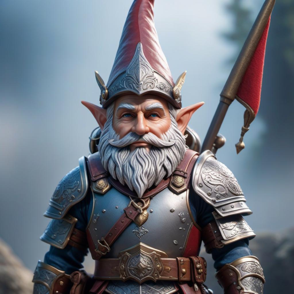  gnome in armor hyperrealistic, full body, detailed clothing, highly detailed, cinematic lighting, stunningly beautiful, intricate, sharp focus, f/1. 8, 85mm, (centered image composition), (professionally color graded), ((bright soft diffused light)), volumetric fog, trending on instagram, trending on tumblr, HDR 4K, 8K