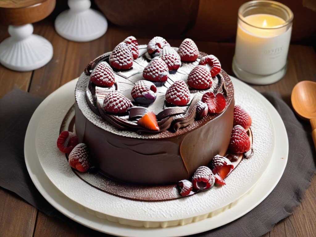  A closeup, photorealistic image of a decadent flourless chocolate cake topped with fresh raspberries and dusted with powdered sugar. The cake is rich and moist, with a shiny ganache glaze cascading down the sides. The vibrant red raspberries pop against the dark chocolate, and the whole dessert is elegantly presented on a white porcelain plate, set on a rustic wooden table. The lighting is soft, highlighting the textures and colors of the dessert, making it look irresistible and perfect for a glutenfree indulgence. hyperrealistic, full body, detailed clothing, highly detailed, cinematic lighting, stunningly beautiful, intricate, sharp focus, f/1. 8, 85mm, (centered image composition), (professionally color graded), ((bright soft diffused light)), volumetric fog, trending on instagram, trending on tumblr, HDR 4K, 8K