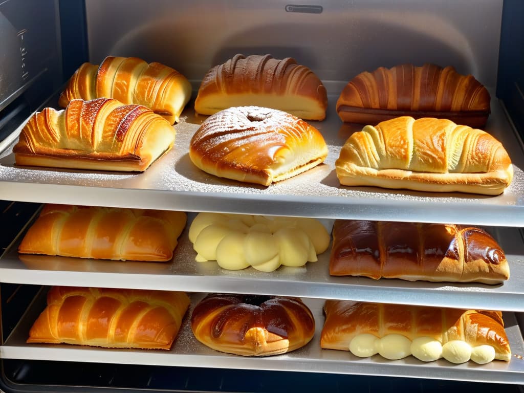  A closeup, photorealistic image of a perfectly goldenbrown batch of assorted pastries like flaky croissants, cinnamon rolls, and fruitfilled turnovers emerging from a modern convection oven. The pastries glisten with a light sugar glaze, steam rising delicately from their warm, freshly baked surfaces. The oven's sleek, stainless steel exterior reflects the warm, inviting glow of the baked goods, showcasing a seamless blend of innovative technology and traditional homemade treats. hyperrealistic, full body, detailed clothing, highly detailed, cinematic lighting, stunningly beautiful, intricate, sharp focus, f/1. 8, 85mm, (centered image composition), (professionally color graded), ((bright soft diffused light)), volumetric fog, trending on instagram, trending on tumblr, HDR 4K, 8K