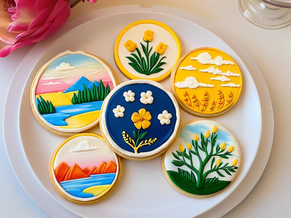  A photorealistic image of intricately decorated sugar cookies with edible paint, showcasing vibrant and detailed designs such as delicate flowers, intricate patterns, and realistic landscapes. Each cookie should be a work of art, highlighting the creativity and precision that can be achieved with edible paints in pastry decoration. The colors should be rich and vivid, with a glossy finish that enhances the visual appeal of the cookies. This image aims to inspire readers and showcase the potential for innovation and creativity in pastry decoration using edible paints. hyperrealistic, full body, detailed clothing, highly detailed, cinematic lighting, stunningly beautiful, intricate, sharp focus, f/1. 8, 85mm, (centered image composition), (professionally color graded), ((bright soft diffused light)), volumetric fog, trending on instagram, trending on tumblr, HDR 4K, 8K