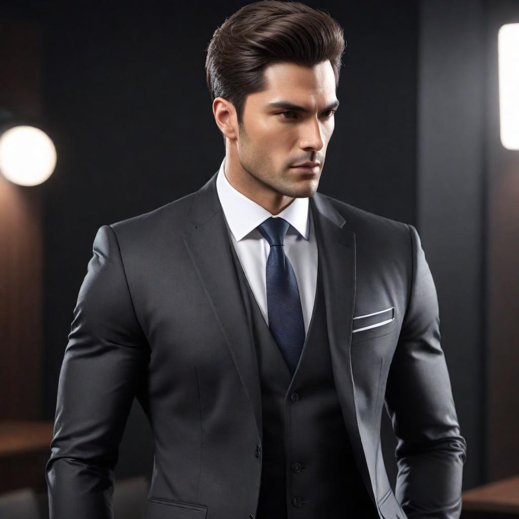  An individual wearing a dark-colored business suit. The suit should include a blazer with a notched lapel, a tailored dress shirt underneath, a conservative tie, and suit trousers. The individual has the same facial features, hairstyle, and body type as the person in the provided photograph. hyperrealistic, full body, detailed clothing, highly detailed, cinematic lighting, stunningly beautiful, intricate, sharp focus, f/1. 8, 85mm, (centered image composition), (professionally color graded), ((bright soft diffused light)), volumetric fog, trending on instagram, trending on tumblr, HDR 4K, 8K