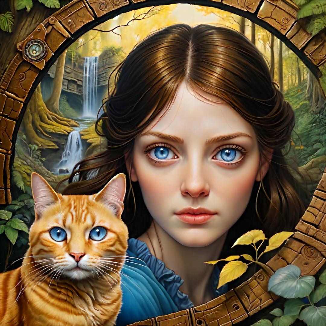  Close up portrait of a woman in love aged 45, blue eyes, with a cat, in a forest, timeless, sundial, scrapbook with analog, high quality, detailed, photo realism, style of esao andrews, perfect detailed eyes Ancient Trees. Roots. Waterfalls. Ancient Ruins And Trees Pools With Reflections. High Detail. Yellow-brick-road. , Highly defined, highly detailed, sharp focus, (centered image composition), 4K, 8K